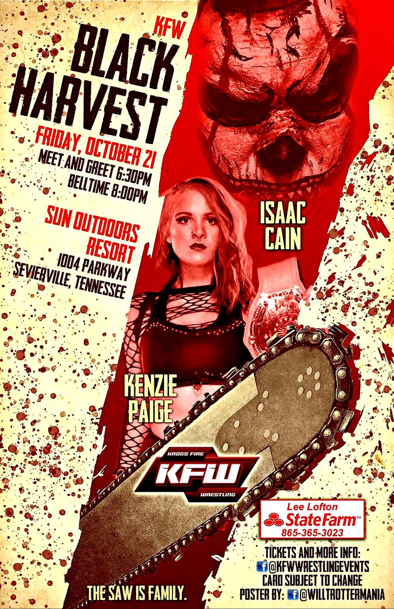 Its Official October 21st - Sevierville,TN at (Black Harvest) it's the @nwa Womens Tag Team Champion @KenziePaige_1 vs Her Own Family @IssacCain Get Tickets Online or at Door. Visit KFW Wrestling Events on FB