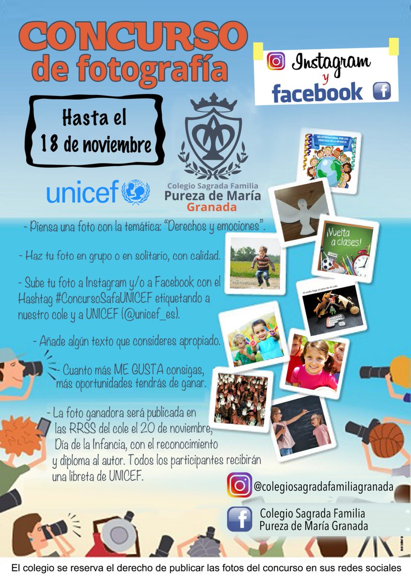 pmariagranada's tweet photo. 📸CONVOCAMOS CONCURSO DE FOTOGRAFÍA POR LOS DERECHOS DE LA INFANCIA🌍
Se aproxima #DíaInternacionalDerechosInfancia, el 20 de noviembre. Lanzamos este concurso de fotografía. Comparte, menciona y a conseguir likes. @unicef_es
@UNICEF_EDU
@pmariaes #FelicidadSeEscribeContigo https://t.co/oECXP56X3O