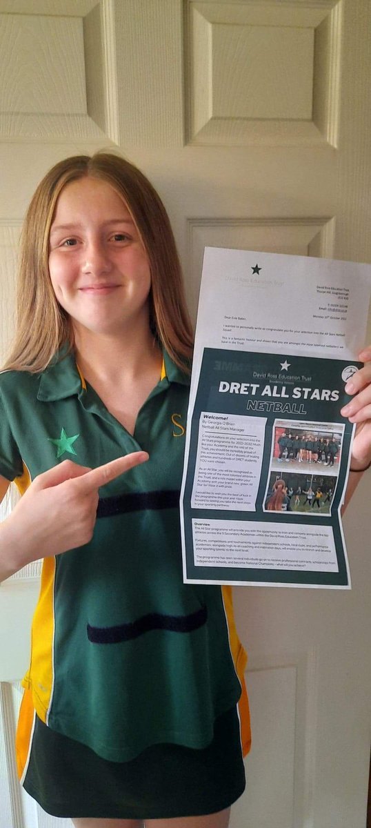 RichardBaker26's tweet photo. Super proud of our Evie who has been selected for the @DRETsport Under 13's All Stars Netball Squad. Thank you to all the sports staff at @SGS_PE @SkegGrammar for pushing her to achieve this accolade @Annika1988 #ProudParents https://t.co/yed2lMEAT0
