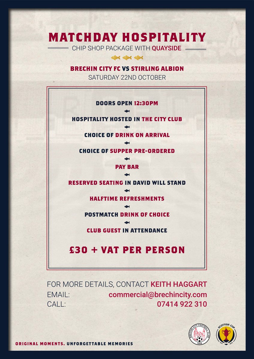 🐟 The club is delighted to reveal our special 'chip shop' hospitality offering in conjunction with Quayside Brechin for our upcoming Scottish Cup fixture against <a href="/Stirling_Albion/">Stirling Albion FC</a> on Saturday 22nd October!

See below graphic for full details and how to book 👇