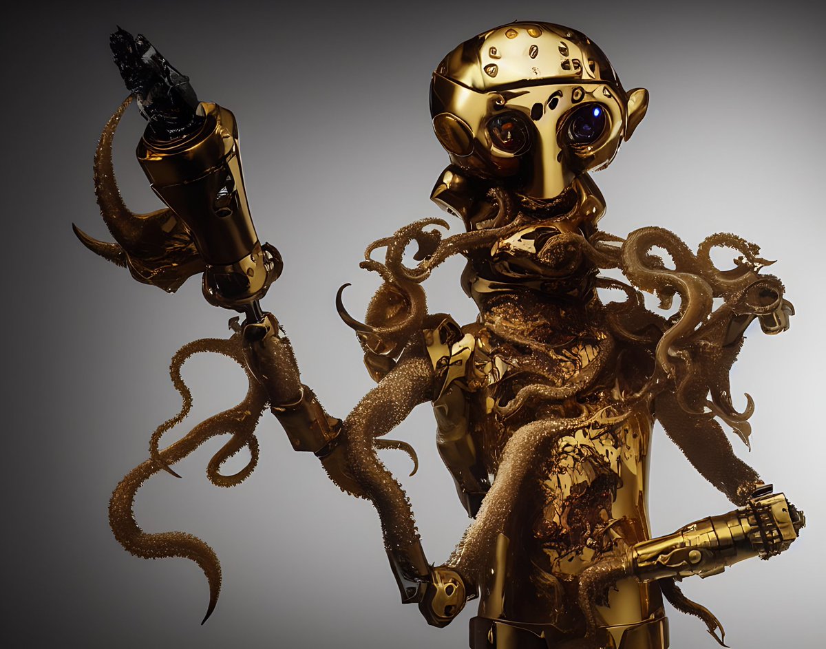 kelbv's tweet photo. a perfect photograph of a diabolical squid human overlord, sculpted from finely smashed reflective ceramic and gold polymer sheen, robotic and malicious.

#stablediffusion #aiart #ai #portrait #digitalart #digital #squid #kelbv #Feuchtigkeitsableitung https://t.co/nLy9Lphbug