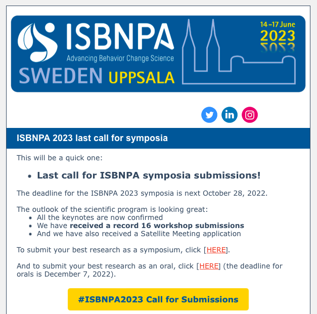 ISBNPA's tweet photo. 📣 Last call for #ISBNPA2023 symposia submissions!
https://t.co/6UMYUrfGMR https://t.co/fPo8LoTddv
