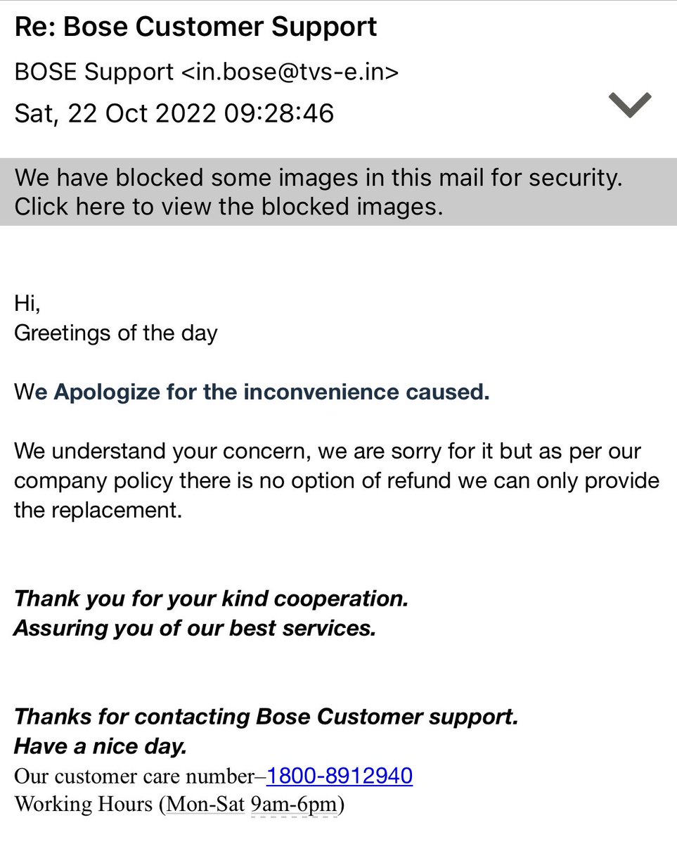 canceria's tweet photo. @Bose seems very poor for a firm so esteemed as yours, to not provide a like to like replacement for #QCI earphone which has acknowledged defect. Further your support team insists on not refunding as it’s not ‘company policy’. This for a model which is being called back! #music https://t.co/SlWDt4n3E9