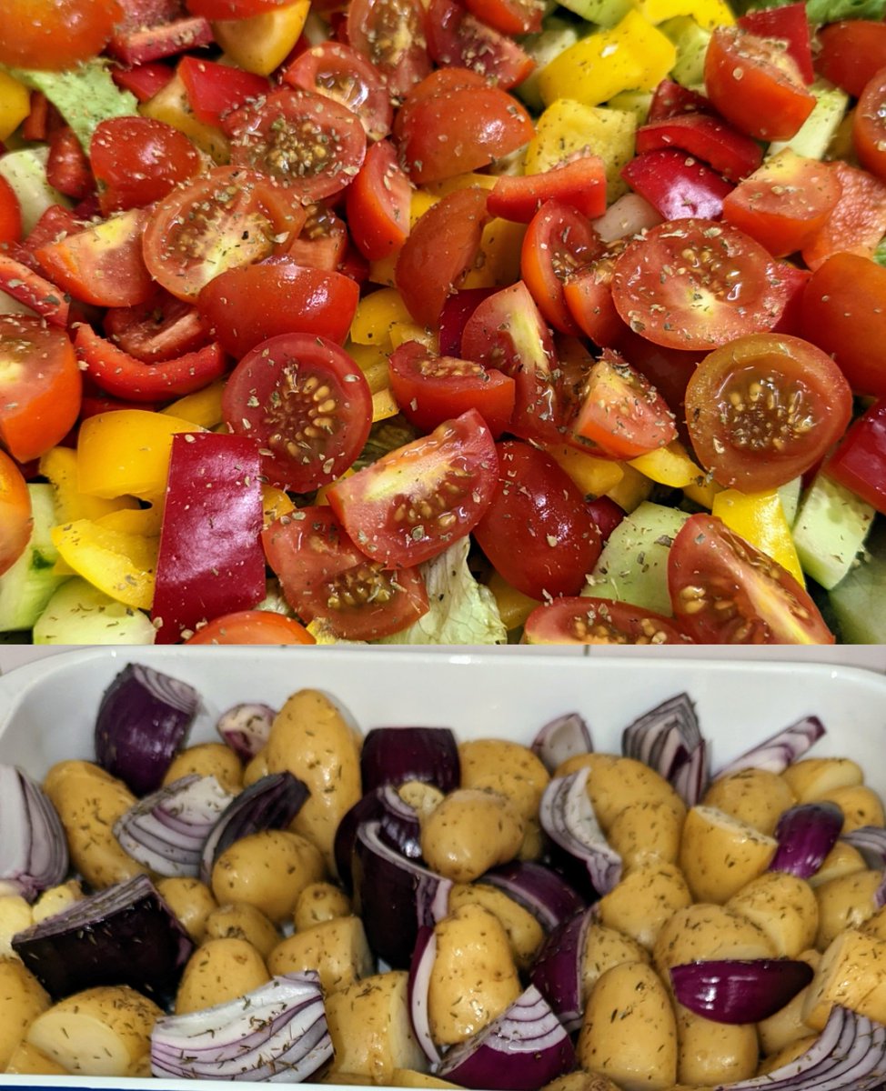 Herby potatoes in the oven, salads being prepared & Danielle is making a tasty veg curry for community lunch.