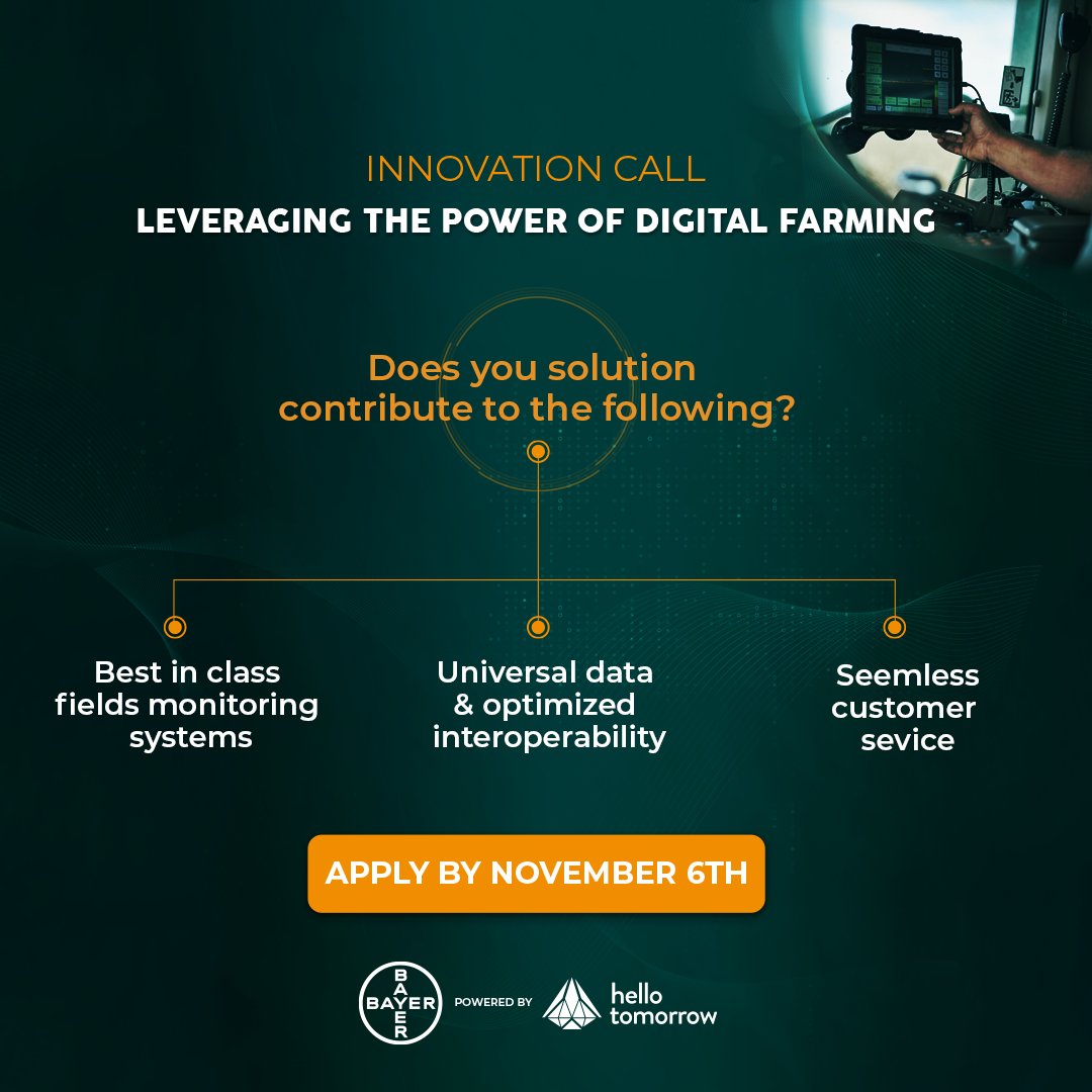 hellotmrc's tweet image. 📣2 weeks left 📣

@Bayer4Crops’s is looking for innovations to #monitor fields, leverage #universaldata and optimize #customer experience. 
 
Up to the Challenge? Apply before October 2nd 👉 bit.ly/3Sj2OqD