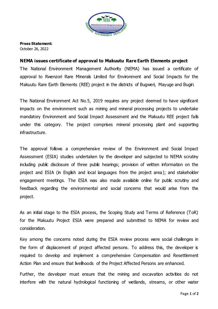 nemaug's tweet photo. Press Statement

NEMA issues certificate of approval to Makuutu Rare Earth Elements (REE) project.
The project will be undertaken by @RRM_Ug in the districts of Bugweri, Mayuge &amp; Bugiri

Details>> https://t.co/8FB1myT6sV 

#NEMAWorks https://t.co/ph9qI0Ck9R