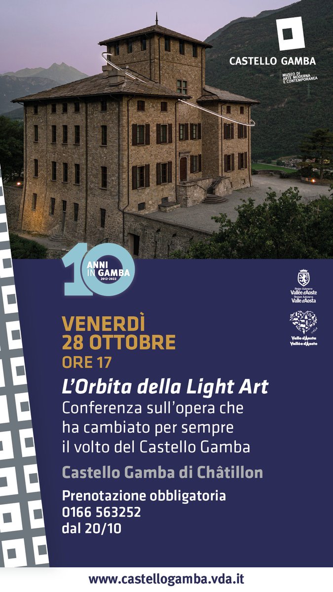 CultureVdA's tweet photo. #26ottobre -1 Manca solo un giorno al decimo compleanno del #castelloGamba - #Museo di #Arte moderna e contemporanea della @Valle_dAosta 
3 giorni di eventi e approfondimenti.
Scoprite il programma:https://t.co/zd4xOXUGC4
@Abb_Musei @aostasera @AMACI_musei https://t.co/ytLXXn8EgT