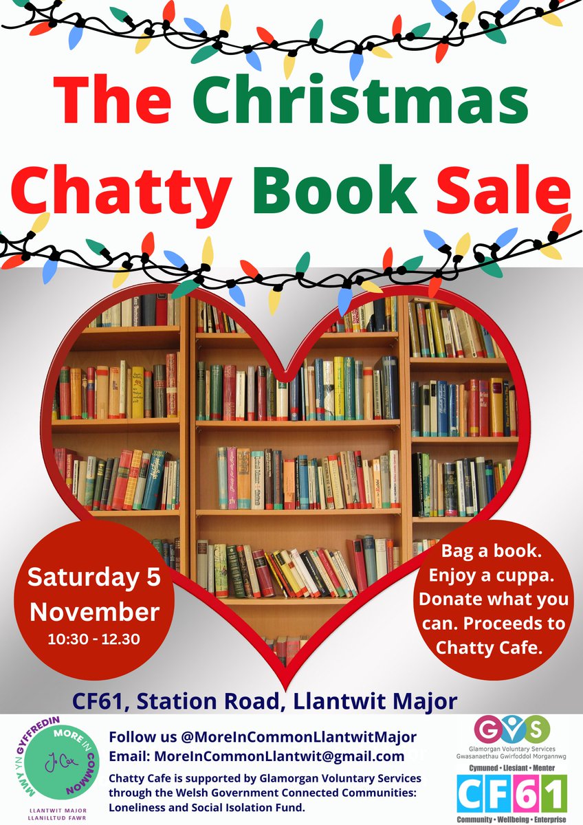 Half term is coming - with TWO Chatty Cafe sessions! 😍💘☕️📚 And one is our Christmas Chatty Book Sale! Pop in & connect over a free cuppa 🫶 Run by volunteers, supported by @WG_Communities @TNLComFundWales Be part of the communi-tea! #MoreInCommon #nationallottery