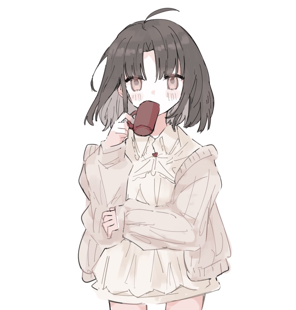 ryougi shiki 1girl solo cup ahoge white background blush holding cup  illustration images