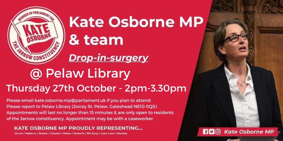 Tomorrow, my office is holding a drop in advice surgery at Pelaw Library from 2pm to 3.30pm. If you would like to speak to my team about a particular issue, please do drop in between these times and report to the reception area at Pelaw Library. Further details below 👇