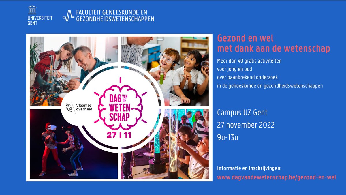 📢 Kom op 27 november naar @dagvdwetenschap op Campus UZ Gent! 🔬 Wij organiseren meer dan 40 activiteiten voor jong en oud, van rondleiding tot lezing, van workshop tot 👀 demo, van spel tot 🗝️escape room 🤩. Volledig programma op 🔗dagvandewetenschap.be/gezond-en-wel. @uzgent @ugent