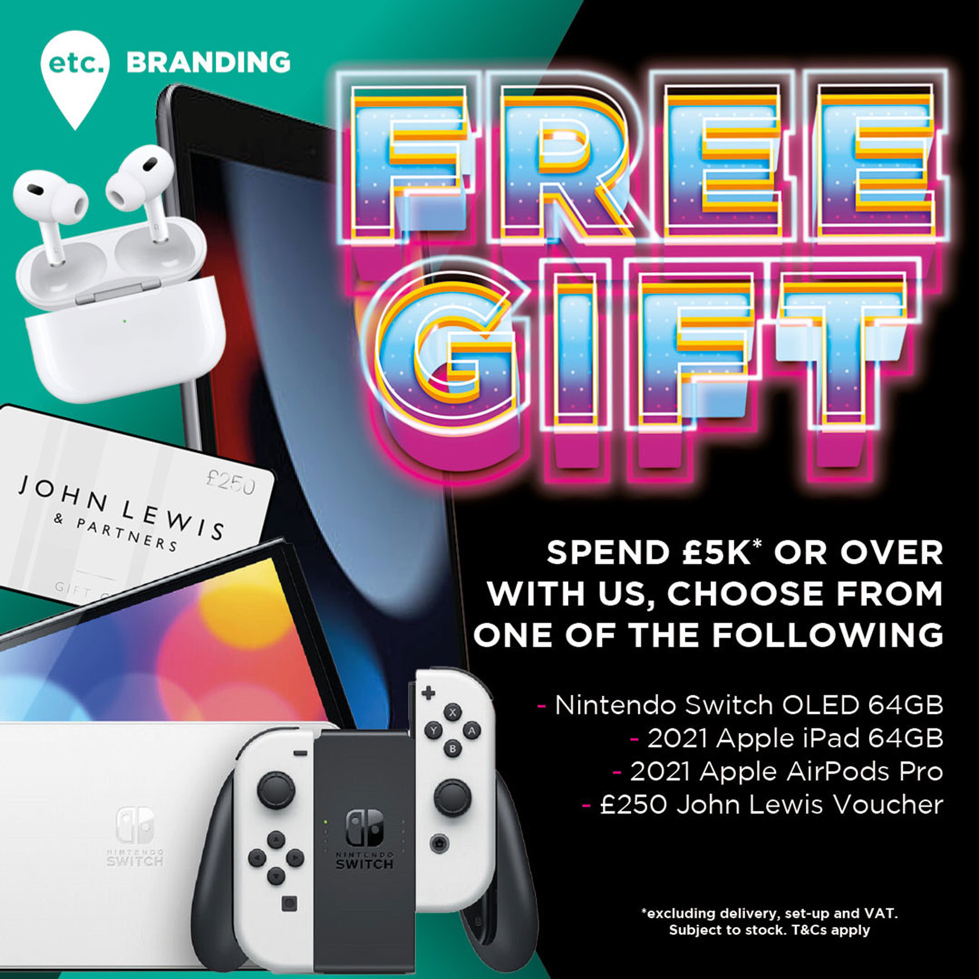 etcbranding's tweet photo. We still have our amazing promotion running! 

Choose between a Nintendo Switch OLED 64GB, 2021 Apple Ipad, 2021 Apple AirPods or a £250 John Lewis Gift Voucher!

*This promotion is valid for all orders over £5000 (excluding delivery, set up and VAT).

#Branding https://t.co/EWxrXv9dEI