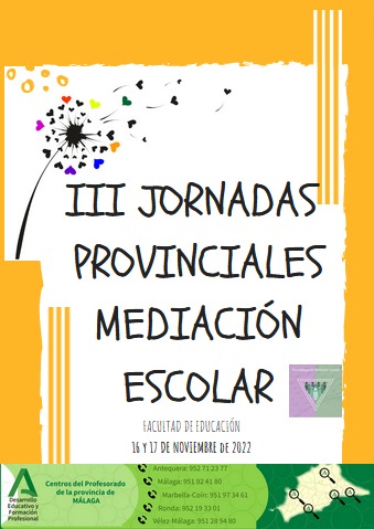 cepmalaga's tweet photo. III JORNADAS DE MEDIACIÓN ESCOLAR
Fecha actividad: 16/11/2022 hasta 17/11/2022
Fecha inscripción: 24/10/2022 hasta 10/11/2022
Lugar de realización: Facultad de Ciencias de la Educación
Inscripciones en el enlace: https://t.co/oi1fsf7B3b https://t.co/fj22ZRXMnf