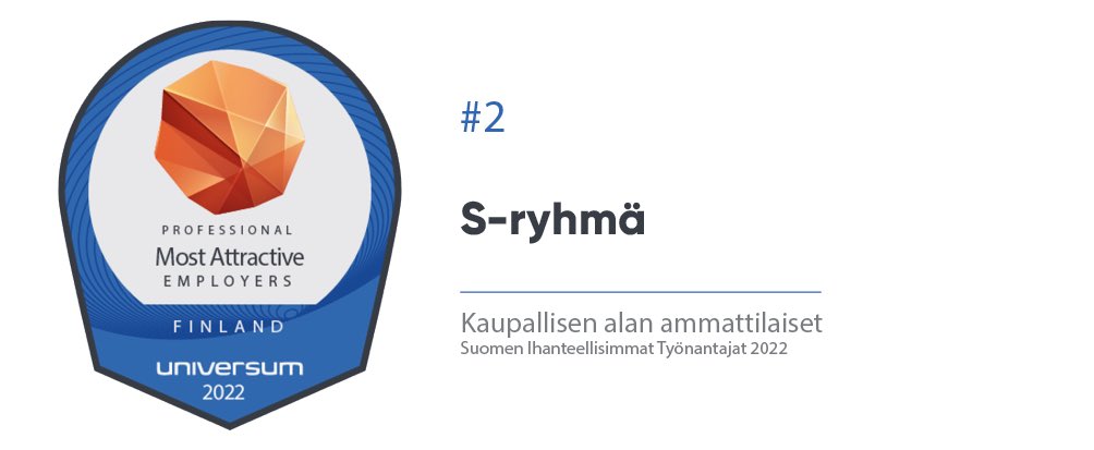 Meille on tärkeää, että kaikkia arvostetaan omana itsenään ja #ässäduunissa voi oppia ja kehittyä. Tämä on huomattu: kaupallisen alan ammattilaiset valitsivat <a href="/sryhma/">S-ryhmä</a> toiseksi ihanteellisimmaksi työnantajaksi <a href="/UniversumGlobal/">Universum Global</a> tutkimuksessa.🥈 #MostAttractiveEmployersFinland2022