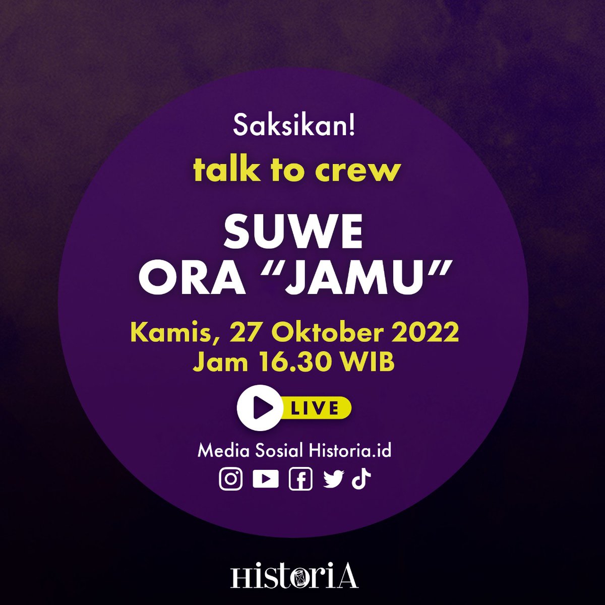 historia_id's tweet photo. Kita minum jamu bareng sambil ngobrol tentang gimana sih awal mula jamu dibuat yuk.
Di Talk to Crew, dengan tema "Suwe Ora "Jamu"". Kamis, 27 Oktober 2022, jam 16.30WIB. Live di semua sosmed https://t.co/d4g8AWain4.
#talktocrew #talktocrewhistoriaid https://t.co/w7ouFafmlF