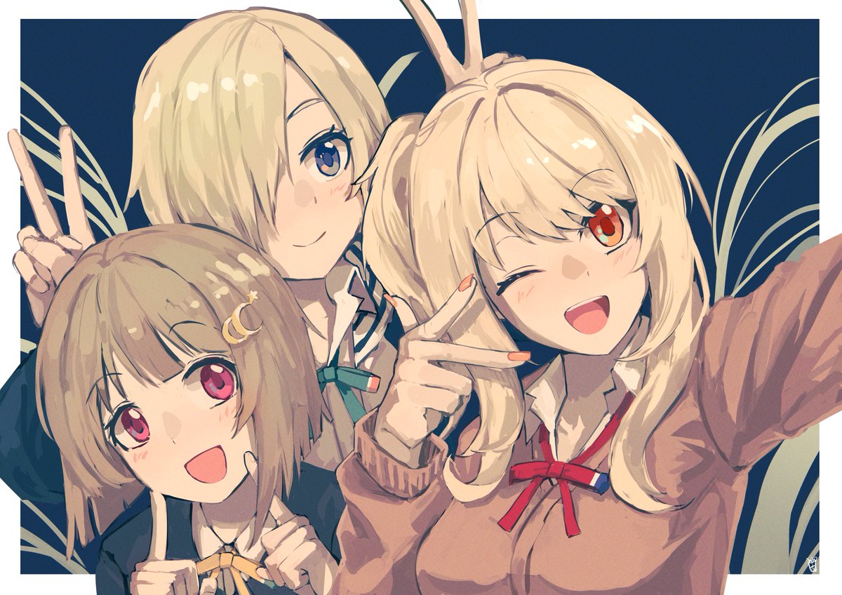 nakasu kasumi multiple girls 3girls blonde hair one eye closed v hair over one eye smile  illustration images