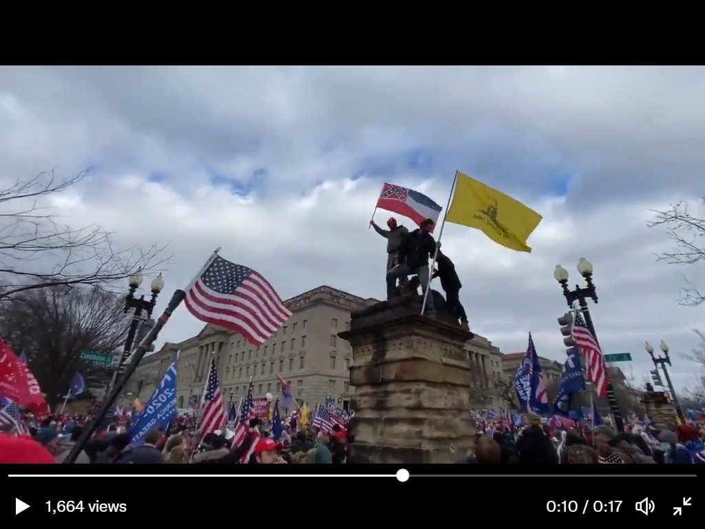 Nightvi17337331's tweet photo. @JusticeCat0106 P1 #SeditionFlags I don't know what that confederate looking flag w/ 1 red white & blue stripe. Gadsden yellow next to it, held by #SeditionSignals ? on top of a concrete marker at corner of 15th & const. @ 1:15ish.
P2 #SeditionWeapons Shower curtain rod with a small USA flag. https://t.co/Hu3kikJ17q