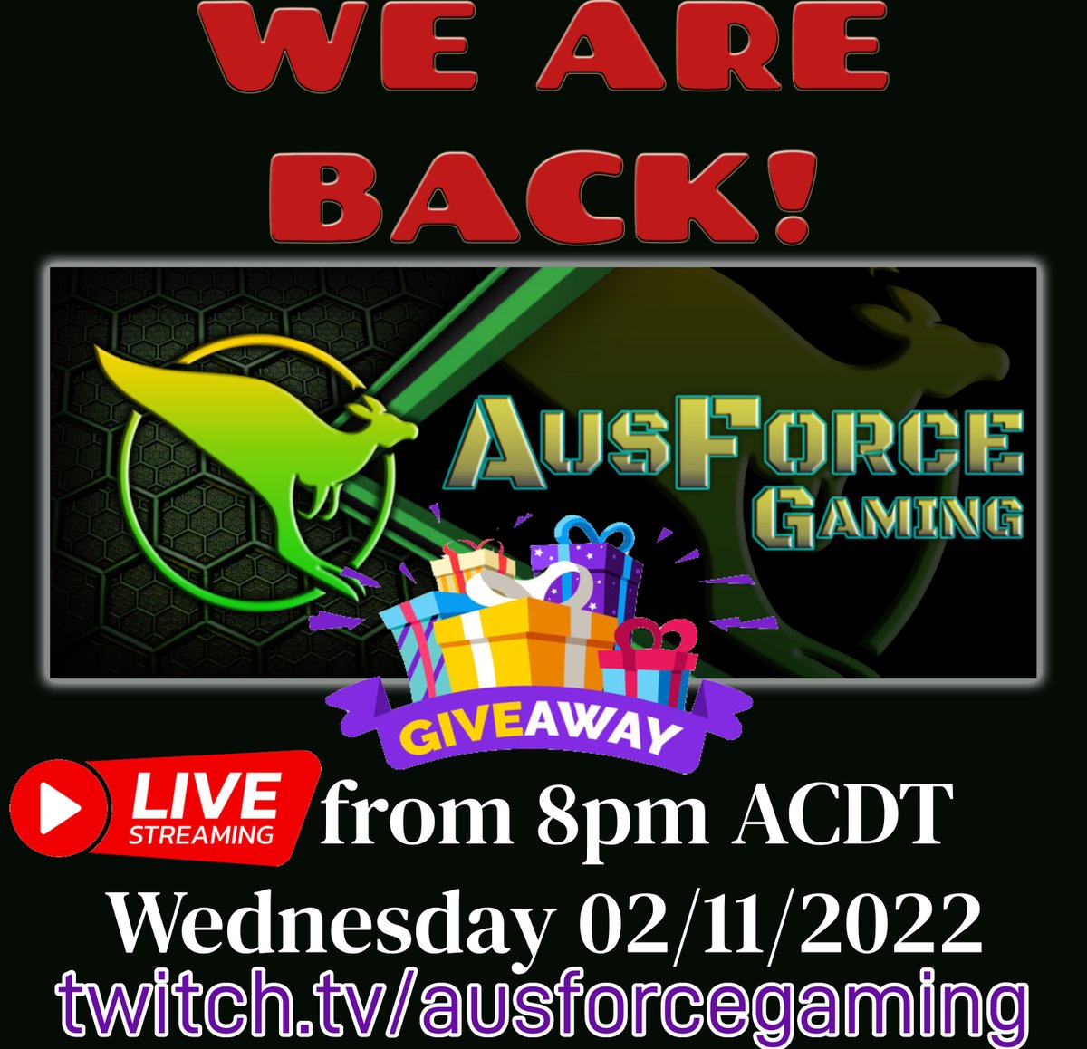 AusforceG's tweet photo. IT'S HAPPENING!
AusForce Gaming will be LIVE next Wednesday night at 8pm ACDT 02/11/2022
CA$H #GiveAways live, during the stream!
For an extra chance - like us, Retweet this post, follow us on twitch & be in the stream to win a $20 paypal giveaway!
https://t.co/XG7tH0r6ws https://t.co/aONBNs2mLs