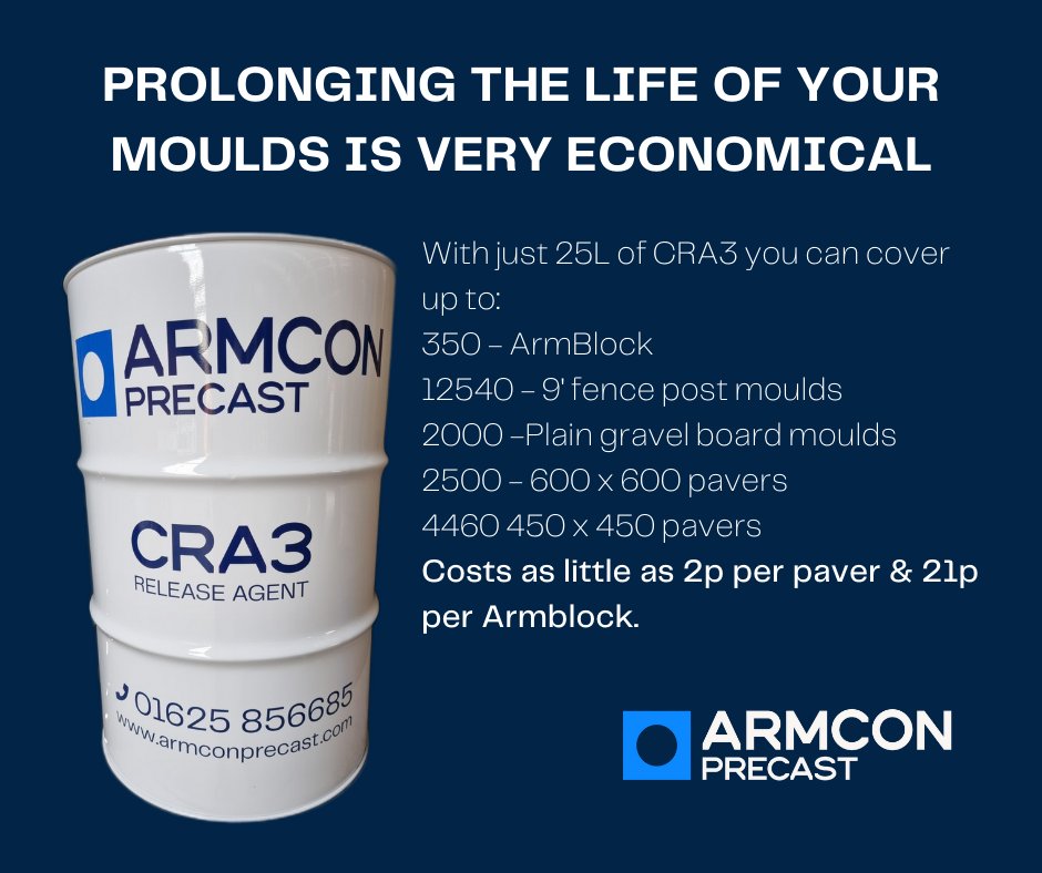 ArmconPrecast's tweet photo. Prolong The Life Of Your Moulds with our CRA3 Release AgentCosts from just 2p per paver!

For more details visit our website>https://t.co/73FZ7yG24x

#releaseagentforconcretemoulds #concretemoulds #precastconcrete #CRA3ReleaseAgent #ArmconPrecast https://t.co/KBPKDVgC4y