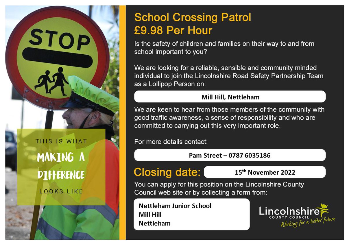 We need a School Crossing Patrol at Nettleham.
We are keen to hear from members of the community with good traffic awareness, a sense of responsibility and committed to carrying out this very important role.  
<a href="/nettlehamjunior/">Nettleham Junior</a> 
<a href="/netti_sch/">Nettleham Infant Sch</a> 
<a href="/NettlehamNews/">Nettleham News</a> 
<a href="/Nettleham_CC/">Nettleham CC</a>