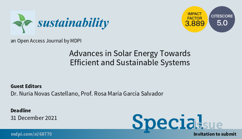 #CallforReading 'Advances in Solar Energy Towards Efficient and Sustainable Systems' welcomes your reading Edited by Dr. Nuria Novas Castellano and Prof. Rosa María García Salvador, including 5 papers #renewableenergy #solarenergy #energyefficiency mdpi.com/journal/sustai…