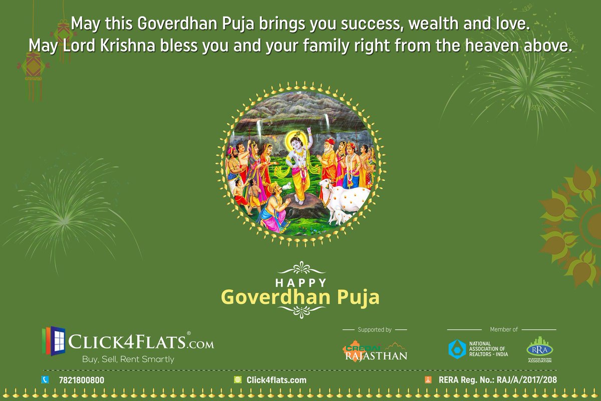 Click4Flats's tweet image. May this Goverdhan Puja brings you success, wealth and love. May Lord Krishna bless you and your family right from the heaven above.
Team Click4flats.com wishes all a Very Happy Goverdhan Puja.
#goverdhanpooja #HappyGovardhanPuja  #Diwali2022 #India #Jaipur #Click4flats