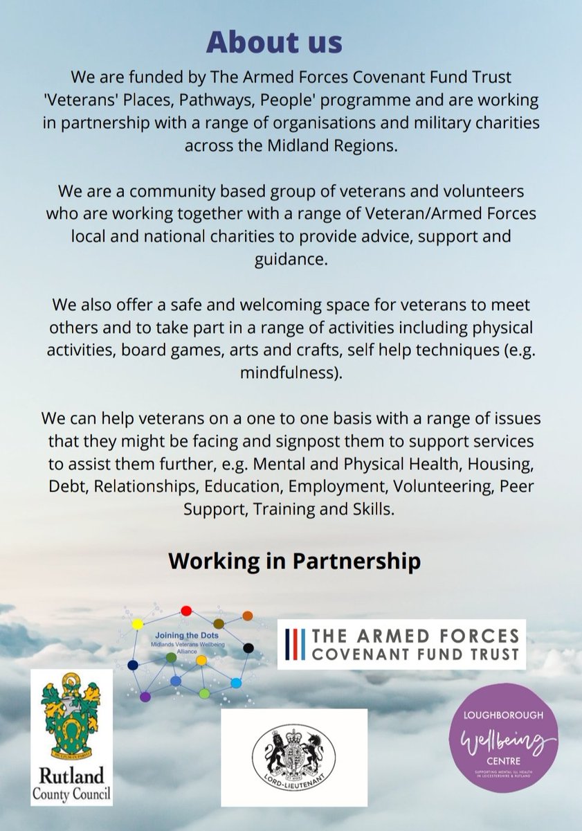 The Rutland Veterans Wellbeing Hub offers a range of help &amp; activities for  Veterans with mental health challenges.

If anyone relatively local to me I am happy to pick them up in the my car enroute.

Next meeting Wednesday 2nd Nov, Rutland County Museum, Oakham.