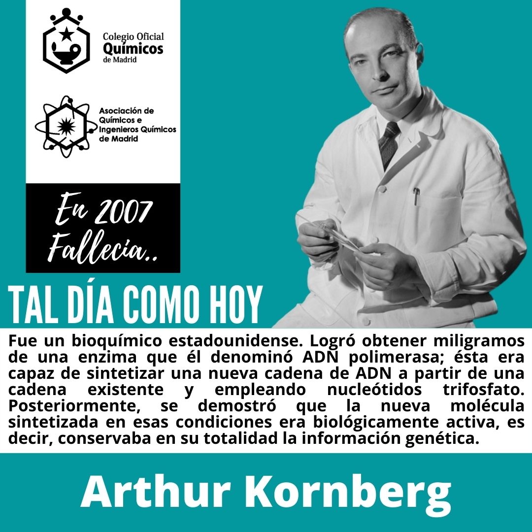 Quimicos_madrid's tweet photo. Fue un #bioquímico #estadounidense. Logró obtener #miligramos de una #enzima que él denominó #ADN #polimerasa; ésta era capaz de #sintetizar una nueva #cadena de #ADN a partir de una cadena #existente y empleando #nucleótidos #trifosfato. Posteriormente, se demostró que la nueva https://t.co/4ge4NZ38Vr