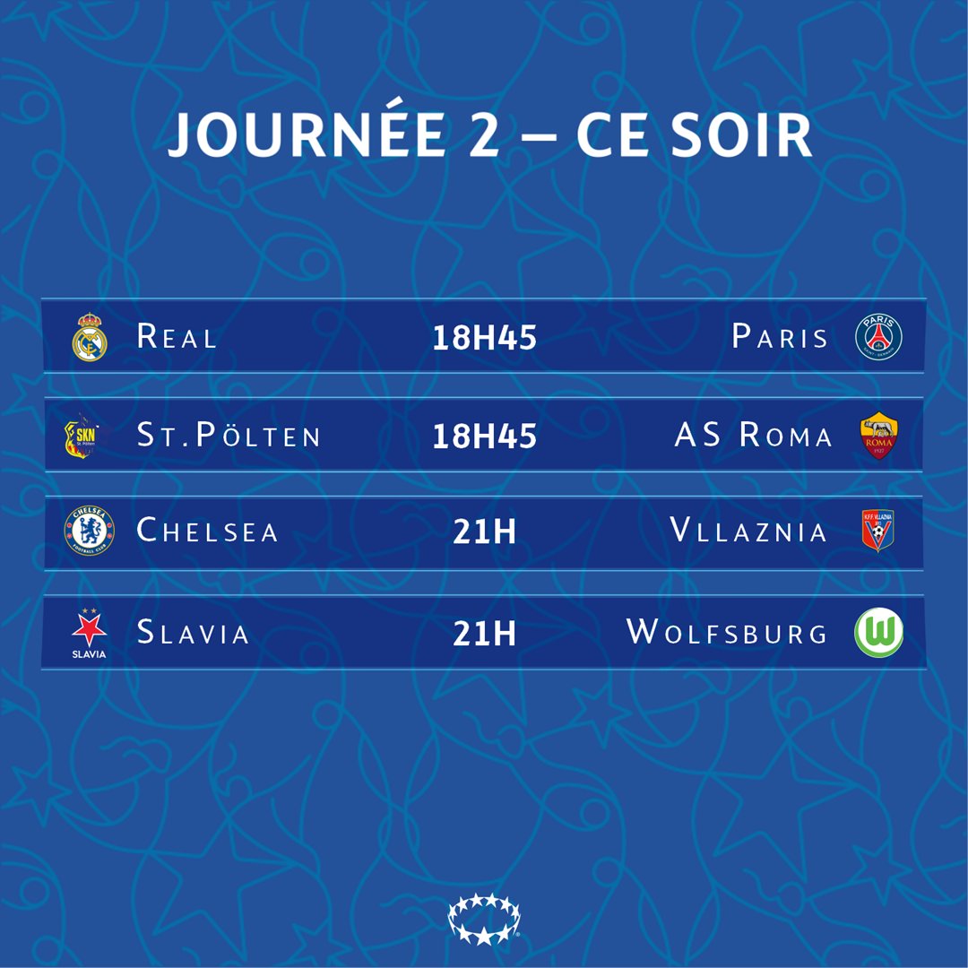 UEFAcom_fr's tweet photo. #UWCL Programme du jour, dont un alléchant #REALPSG 😍
La surprise, elle va venir de... https://t.co/z2QV3YlThP