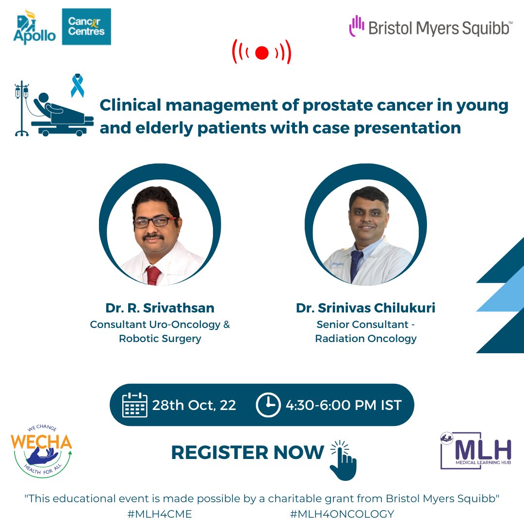 mlh_tc4a's tweet photo. ✅ Please click here to register: https://t.co/cQMfEbyum8
@mlh_tc4a & @Apollo_Chennai welcome you to a live webinar on, “Clinical management of prostate cancer in young and elderly patients with case presentation”
#ProstateCancerCME #OncologyCME #MedicalLearningHub #CME https://t.co/WLPzLRP8Wm
