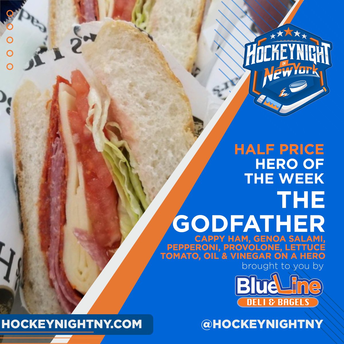 Tonight the #Isles will honor Stan Fischler by naming the UBS Arena press level after the legendary hockey historian, making him your Hero of the Week brought to you by the <a href="/Bluelinedeli719/">Blue Line Deli & Bagels</a> Half Price Hero! Stop in to BLD Huntington &amp; mention HNINY to get 1/2 off The Godfather!