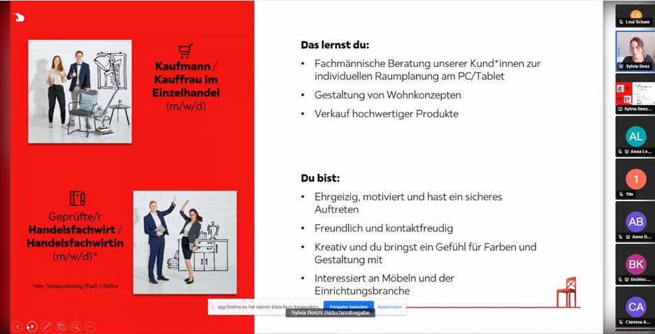 SW live: Gerade findet unser "Klassenzimmer live" über die App #FINDME mit 5 #Schulen &amp; 4 Betrieben des Projekts Berufsausbildung 4.0 statt! XXXLutz, <a href="/RobertBosch_DE/">RobertBosch_DE</a>, <a href="/DiakonieWue/">Diakonie Württemberg</a> &amp; <a href="/hwk_stuttgart/">Handwerkskammer Region Stuttgart</a> stellen den #Schüler*innen ihre #Ausbildung vor 👏
Infos 👉bit.ly/3SDnGsp