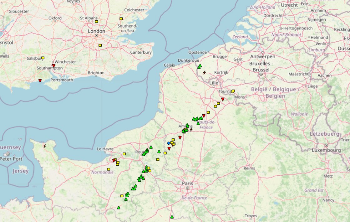 An impressive swath of reports from a supercell that tracked over France last Sunday. Hail reached up to 7.5 cm in diameter and 5 tornadoes were reported in the path of the storm so far (8 in total for the whole event). Also, some wind events may have been tornadoes.