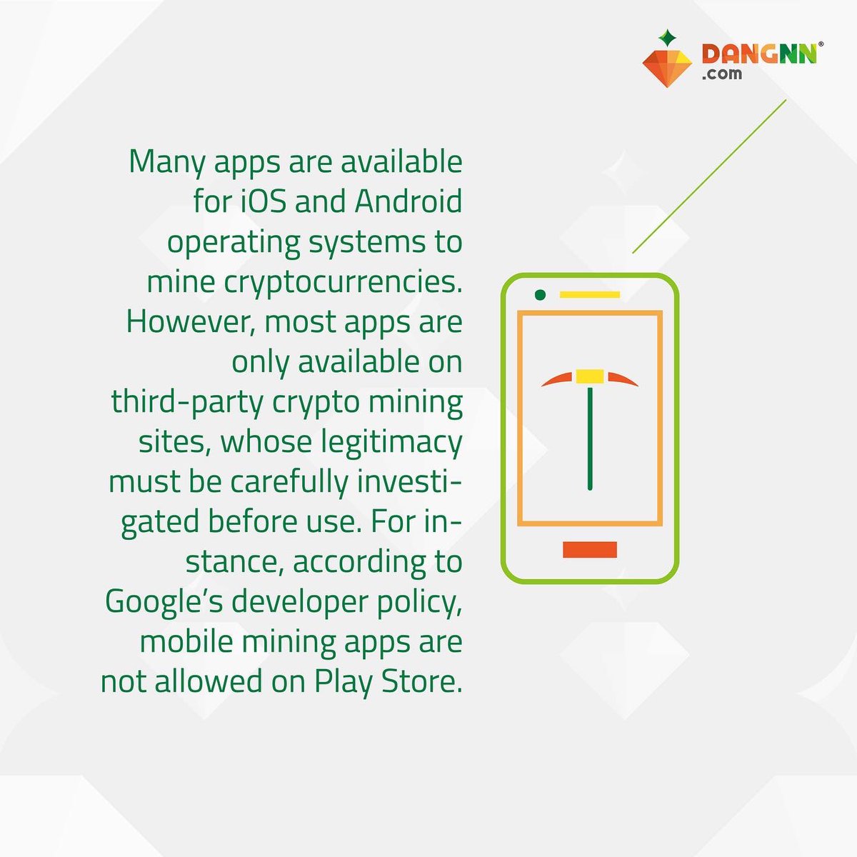 dangnn_project's tweet photo. Mining cryptocurrencies using the processing capacity of smartphones powered by iOS and Android systems is called mobile crypto mining. In mobile mining, rewards will be approximately the same percentage as computing power offered by miners
#DGC #Mining #Mobile #Cryptocurrency https://t.co/DDbv6U8wir