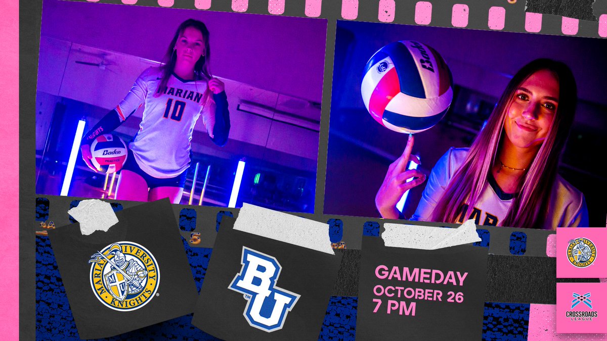 GAMEDAY!!! A huge week of @MarianVball kicks off tonight as the Knights take on Bethel!! The first of three nationally ranked matches this week starts at 7 PM on the @iscsportsnet! It's a pink out tonight, and prizes will be given out to the best fans! Be there!