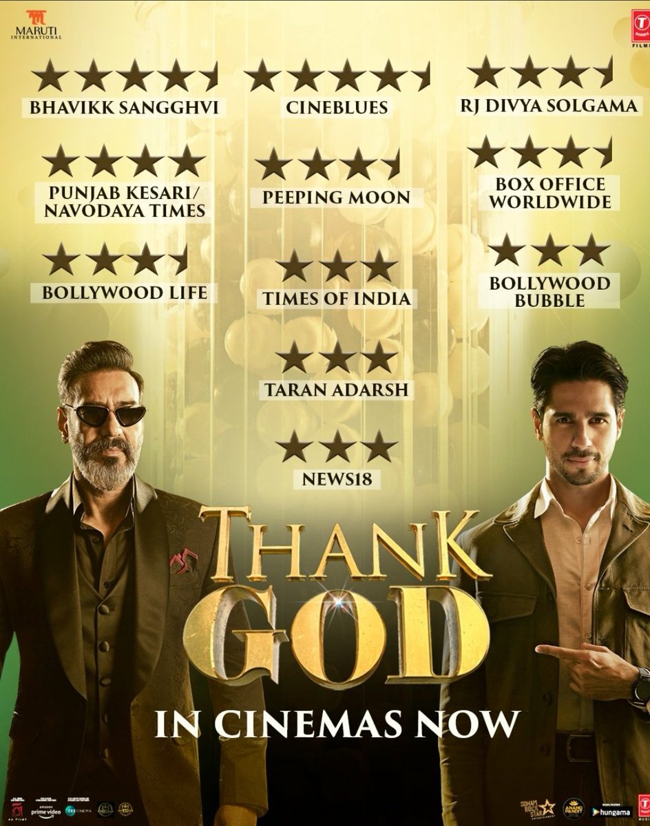 All this love for #ThankGod seems to be written in the stars! Thank you for such amazing reviews. ♥️⭐

Book your tickets now.
🔗- bookmy.show/Thank-God

In cinemas now.

@ajaydevgn @SidMalhotra @Rakulpreet @Indra_kumar_9 #BhushanKumar #KrishanKumar #AshokThakeria
