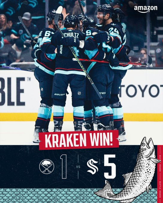 final score graphic with image of team celebrating score was 5-1, kraken