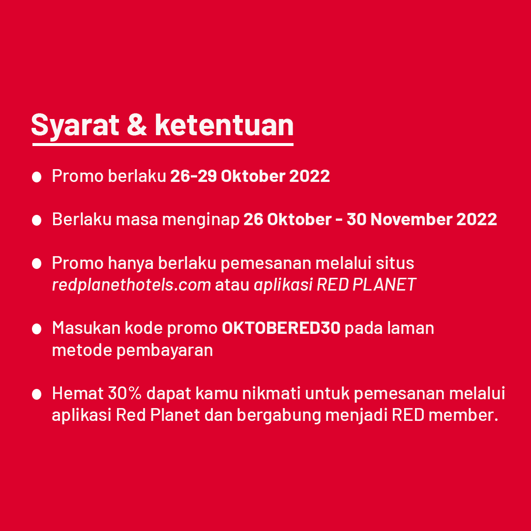 redplanetid's tweet photo. Waktu Indonesia Gajian! Hemat hingga 30% menginap di Red Planet hotel Indonesia, mulai tanggal 26-29 Oktober 2022. Gunakan kode promo OKTOBERED30 dan berlaku untuk masa menginap 26 Oktober - 30 November 2022. 

Tunggu apalagi, pesan sekarang
https://t.co/P1m3dFkE79 https://t.co/VyDRsj1PFj