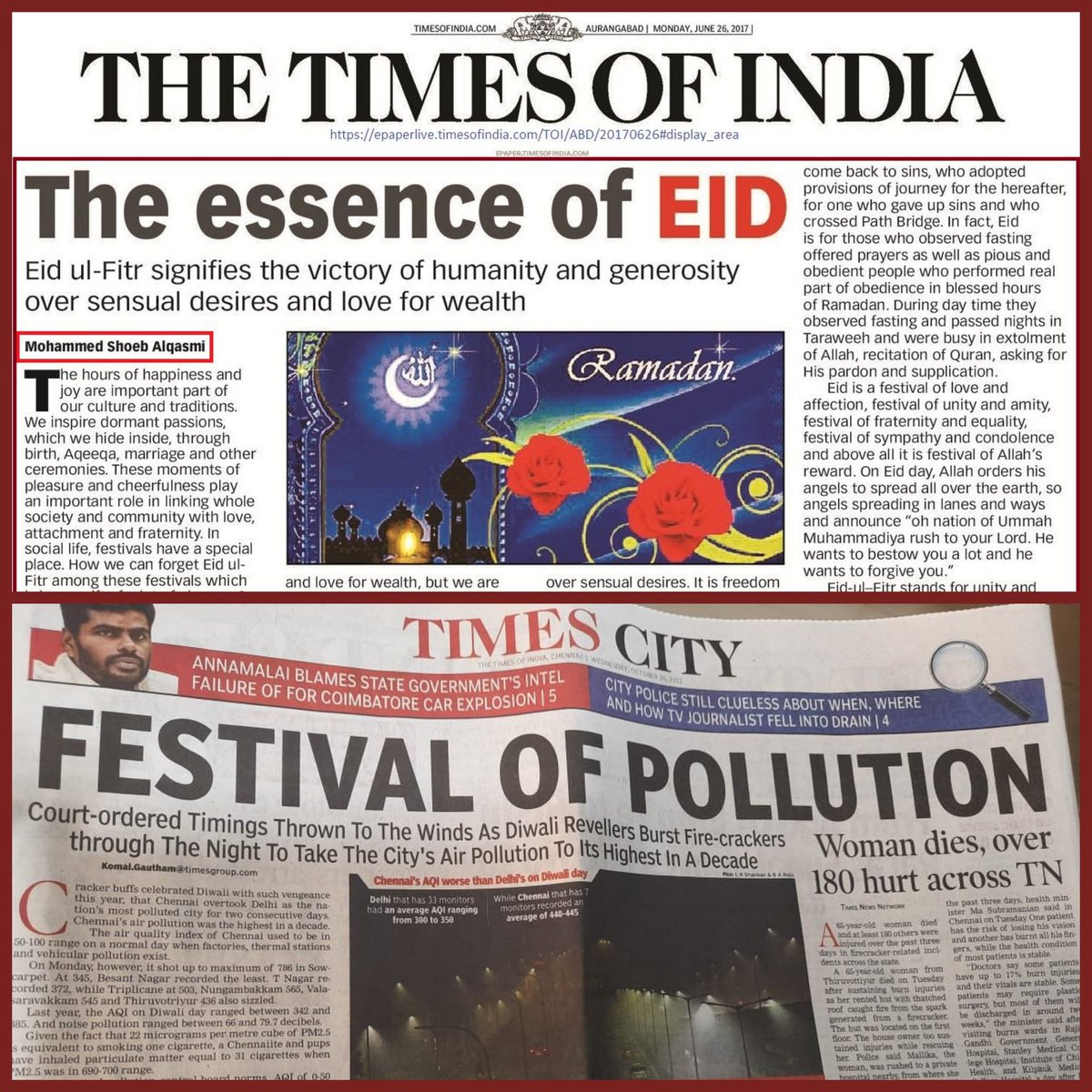 Alpakanya's tweet photo. Eid signifies victory of humanity and Diwali is pollution👏

Irony jumped off a cliff and hυng itself by a tree. https://t.co/1uYxxGwTF2