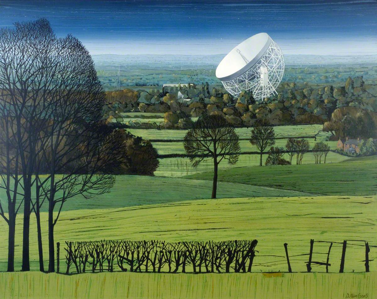 Good morning - I hope you slept like a peanut-stuffed badger - I'm starting with 'Jodrell Bank around Pex Hill, Cheshire', D. Alun Evans, acrylic on canvas, 2011.
