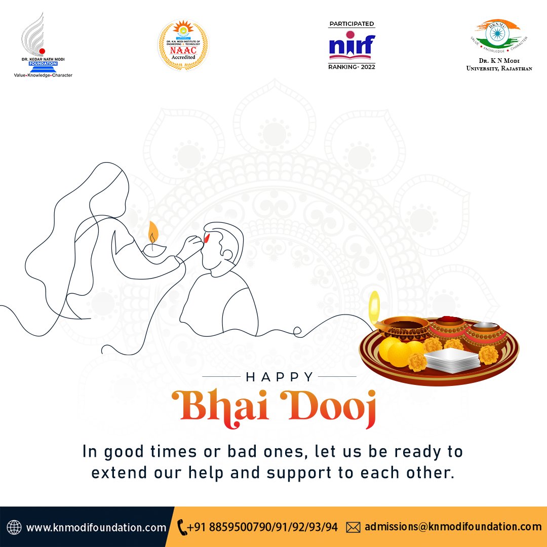 KNMFoundation's tweet photo. Wishing infinite happiness, success, good luck and love always in your life. Have a memorable Bhai Dooj, Happy Bhai Dooj.
.
.
#drknmodifoundation #happy #bhaidooj #happybhaidooj2022 #festival #occassion #students #college #naac https://t.co/6W2PObjUUM