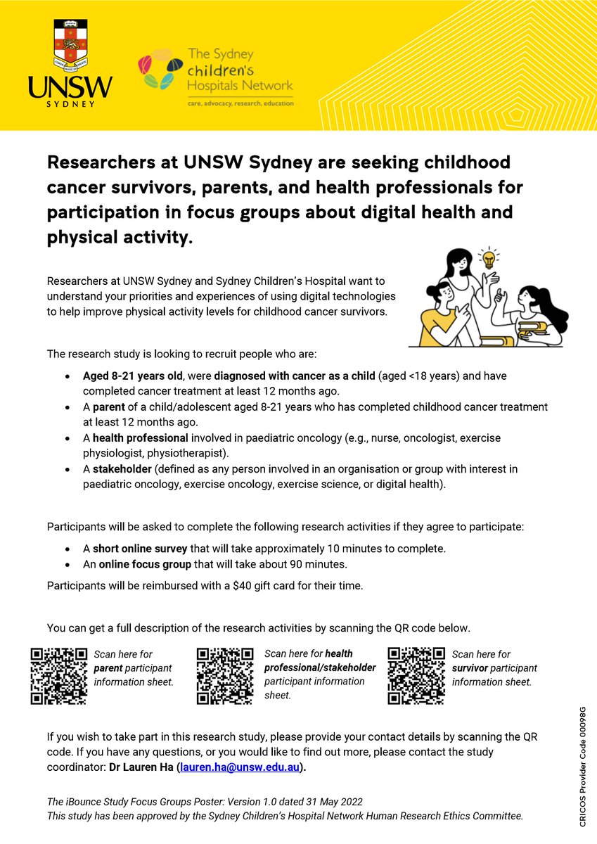 Are you an Aus health professional/stakeholder involved with young people affected by cancer? 

We want to hear your voice and your priorities relating to #digitalhealth and #physicalactivity for #childhoodcancer. 

Read the study information sheet here: unsw.au1.qualtrics.com/jfe/form/SV_6x…