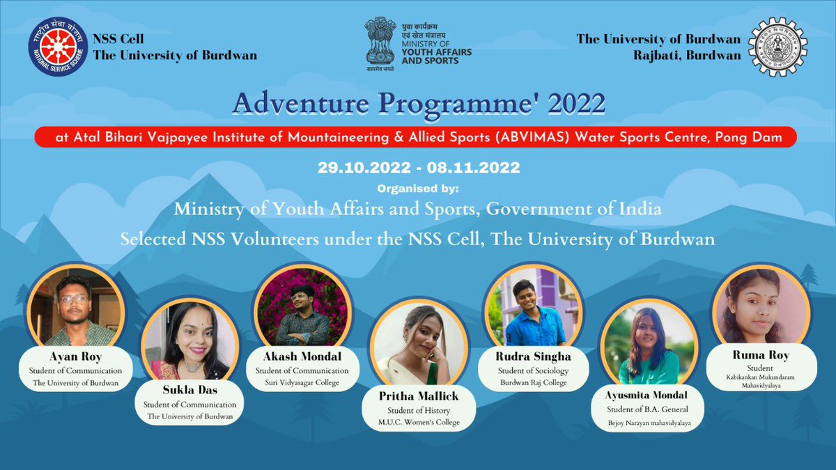 _nssbu's tweet photo. Selected volunteers for the Adventure Camp 2022 at Pong Dam from the University of Burdwan. 

Best wishes to everyone. 

#nss #volunteer #camp #HimachalPradesh #manali 

@rdnss_kolkata @_NSSIndia https://t.co/82U5YaJT5X