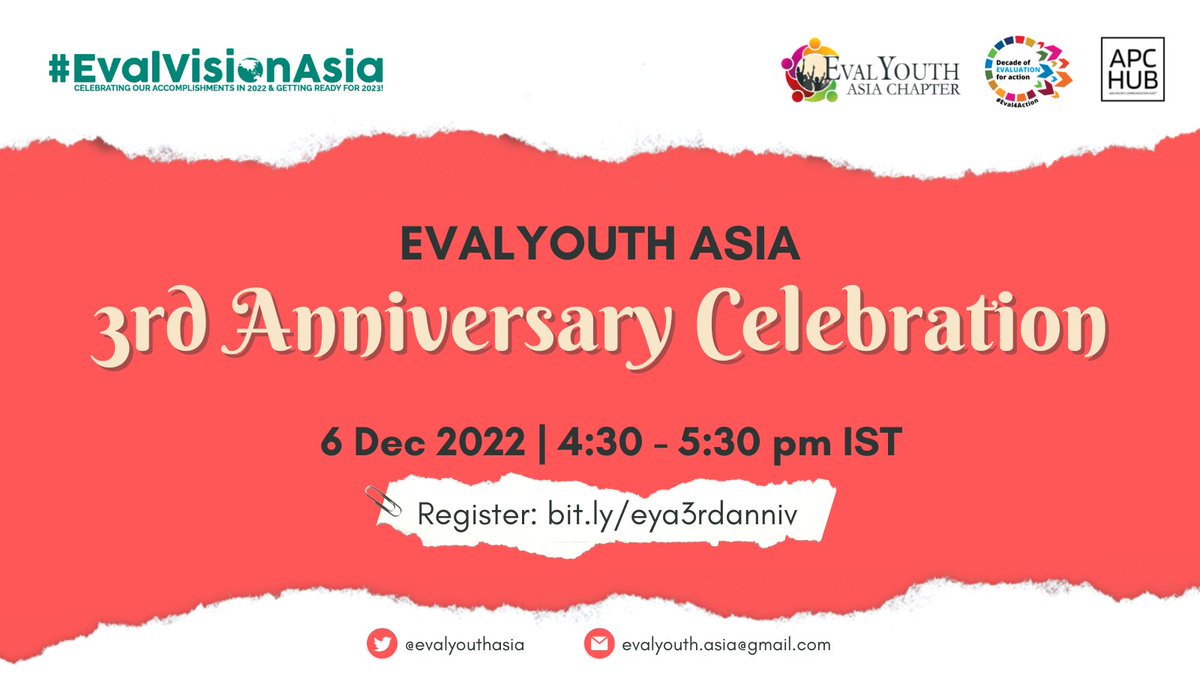 EvalYouth Sri Lanka (@evalyouthsl) on Twitter photo Are you ready to celebrate the 3rd Anniversary of <a href="/EvalyouthAsia/">EvalYouth Asia Chapter</a>?🎊🎊
Register here 👉 bit.ly/eya3rdanniv and join us at #EvalVisionAsia2022!
#Eval4Action #APCHub <a href="/APEAeval/">Asia Pacific Evaluation Association</a> Are you ready to celebrate the 3rd Anniversary of <a href="/EvalyouthAsia/">EvalYouth Asia Chapter</a>?🎊🎊
Register here 👉 bit.ly/eya3rdanniv and join us at #EvalVisionAsia2022!
#Eval4Action #APCHub <a href="/APEAeval/">Asia Pacific Evaluation Association</a>