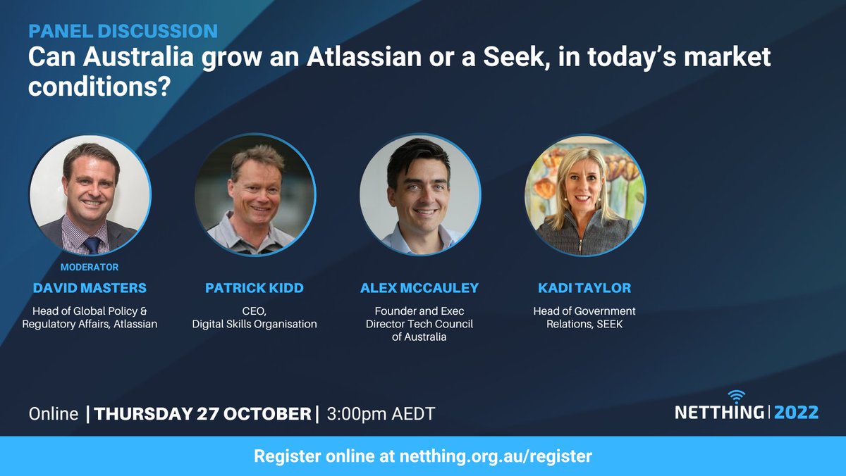 Join us at #netthing2022 tomorrow for a panel on growing an #atlassian or #seek in today's market, featuring @mastersofdavid, Patrick Kidd, @alexmccauley and @KadiLTaylor. 3:00pm AEDT. Register at netthing.org.au/register