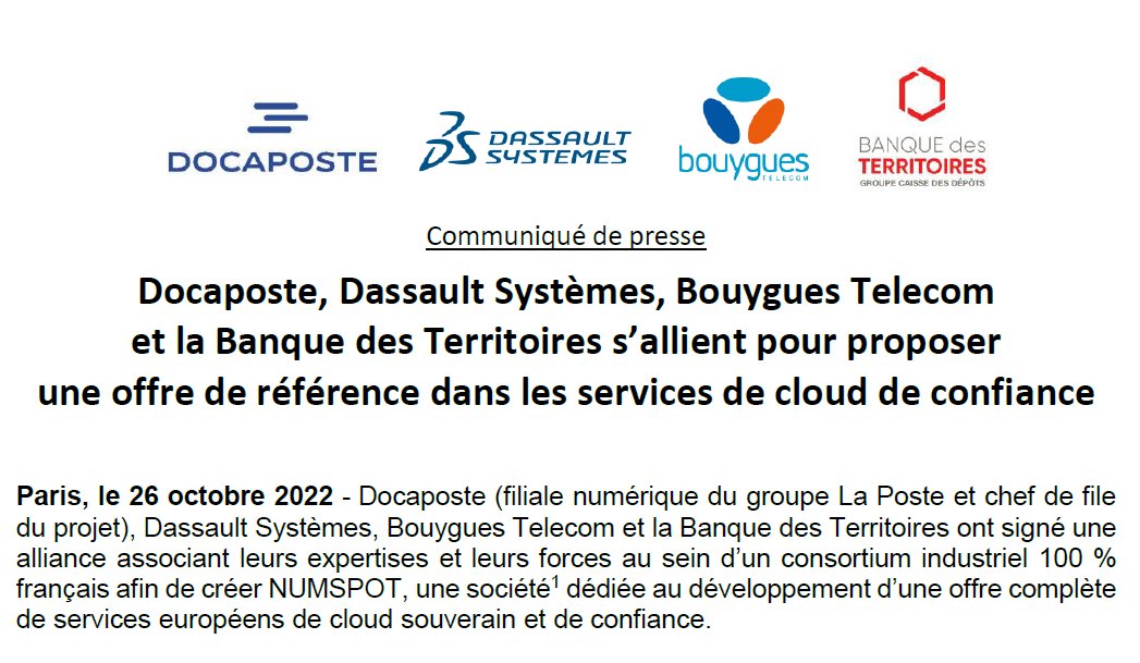 #FlashInfo ⏰
Avec <a href="/Docapost/">Docaposte</a>, <a href="/bouyguestelecom/">Bouygues Telecom</a> et <a href="/3DSfrance/">Dassault Systèmes FR</a>, nous vous présentons : #NUMSPOT, une offre complète de services européens de #CloudSouverain et de confiance ! 📲
👉 bit.ly/3NeuICU 
 
#Souvraineté #Sécurité #Portabilité