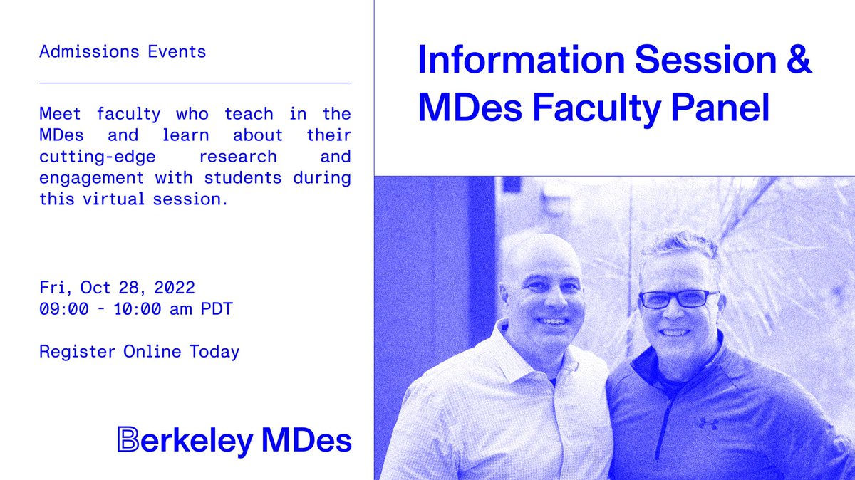 We are going to have another info session and Mdes Faculty panel this Friday, Oct 28, 9-10 am PDT. Join us to meet MDes faculty and learn about their cutting-edge research and engagement with students!
RSVP: tinyurl.com/mre35y9h
#mdes2023 #berkeleymdes #ucberkeley