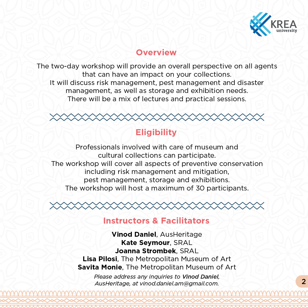 kreauniversity's tweet image. #KreaUniversity is excited to collaborate with @metmuseum, Stichting Restauratie Atelier Limburg (SRAL), @mellonfdn, @MinOfCultureGoI and @dakshinachitra, in organising a workshop on #PreventiveConservation and the Care of Cultural Collections

#CulturalConservation #Culture