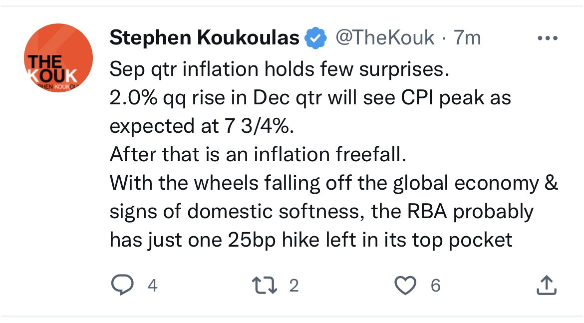 samstrades's tweet photo. This guy is living in a f*cking fantasy, RBA will hike by 0.25% and that’s it, what a clueless and brainwashed clown #ausbiz #kouk #inflation https://t.co/oby5QNL1VT