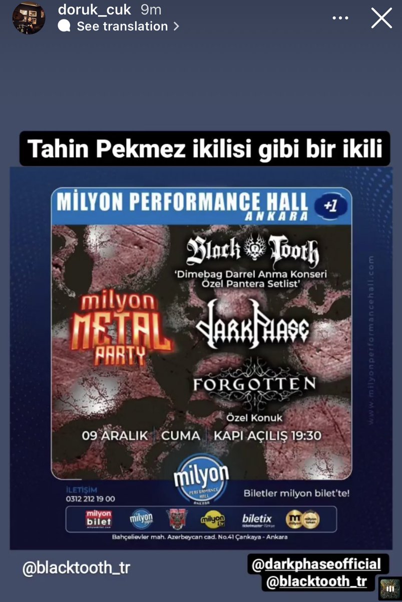 Şahane yorumlu konser afişi 9 Aralık 2022 Ankara #darkphase #blacktooth #tahşnpekmez #konser #thrashmetal #milyonmetalparty @darkphase06 @trde_agir_muzik @tunavuralbt @MilyonFest @milyonbilet @SelimEralp @lidyumx @erdemcapar @yuzdeyuzmetal